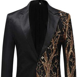 Cloudstyle Men's Black Tuxedo Jacket with Gold Sequin Detail Size Large